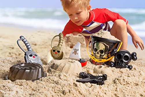 ToyZe 6 Piece Pirate Set Sand Toys, Pirate Beach Bucket Set, Create Pirate Sand Molds at the Beach Packed in Large 7 Inch Beach Pail