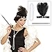 Produktbild Charleston Kostüm Set mit Kopfschmuck, Halskette und Zigarettenspitze 20er 30er Jahre Bekleidung Gatsby Mode Outfit Damen Flapper Haarschmuck Federschmuck Haarband