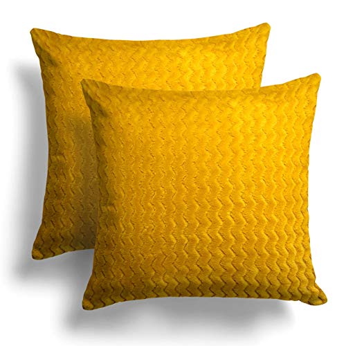 Set of 2 Ochre Chevron Plush Cushion Covers, Pair of Mustard Panama Zig Zag Fluffy Cushion Covers, S Set of 2 Ochre Chevron Plush Cushion Covers, Pair of Mustard Panama Zig Zag Fluffy Cushion Covers, S