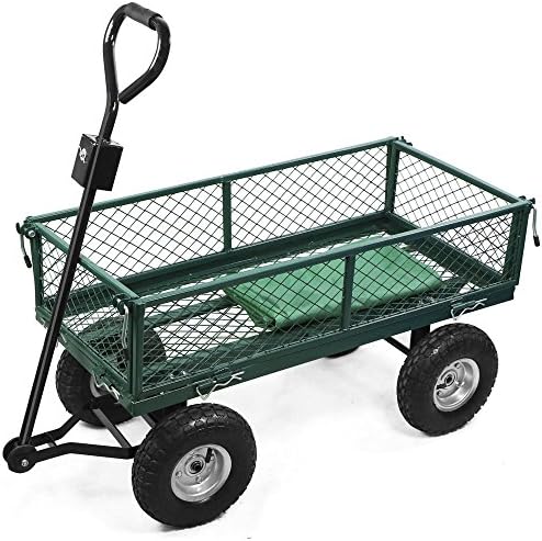 Cherryou Heavy Duty Large Garden Trolley Cart Truck 4 Wheeled Transport Metal Wheelbarrow 300kg-Loading, Put Down Sides, with Interior Cover