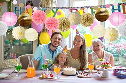 Paxcoo 22 Pcs Pink Gold Tissue Pom Poms Blumen Papier Laternen Polka Dot Girlande für Geburtstag Baby Dusche Dekorationen - 7