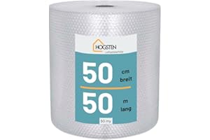 HOGSTEN Luftpolsterfolie Rolle 50m x 50cm - Noppenfolie für Versand, Verpackung und Umzug -100% recycelbar - Bubble Wrap Polstermaterial Verpackungsmaterial 50my (0,5m x 50m)