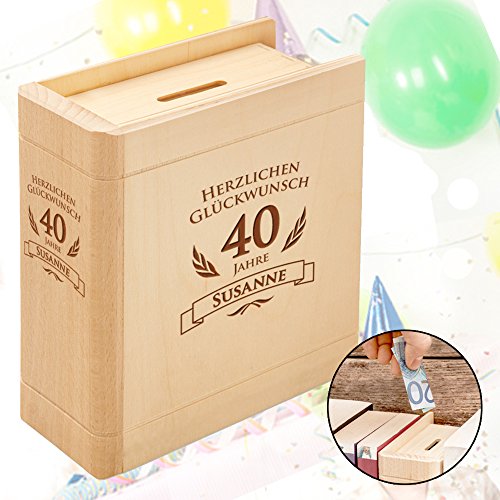 Spardose Buch aus Holz zum 40. Geburtstag mit Gravur – Personalisiert mit Namen – Sparbüchse aus Ahornholz – 13,5 cm x 16,5 cm x 6,5 cm - 2