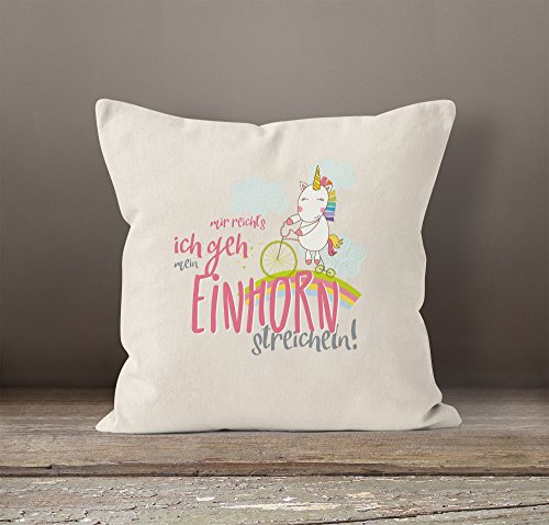 Kissenbezug Einhorn auf Fahrrad „Mir reichts ich geh mein Einhorn streicheln“ 40×40 Baumwolle MoonWorks® natur-pink Pullover - 2
