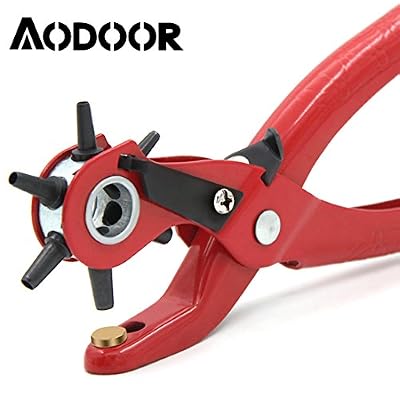Aodoor Lourds renouvelable cuir renouvelable trous de ceinture poinçon pinces, 6 kit taille outil de pince à oeillet trou de ceinture tournante en cuir robuste poinçon perforateur de coupe diy (poignée rouge)