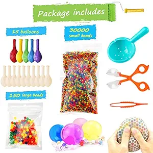 uwantme Water Beads Pack (30000 Small Water Beads 150 Large Jumbo, 10 Balloons) Mixed Jelly Beads Water Gel Balls, Sensory Toys and Decoration