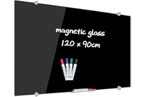 XIWODE Magnetic Black Glass Dry Erase Board, 120 x 90cm, Frameless Wall Mounting Tempered Glass Whiteboard for Message, Notice, Memo and Home Office