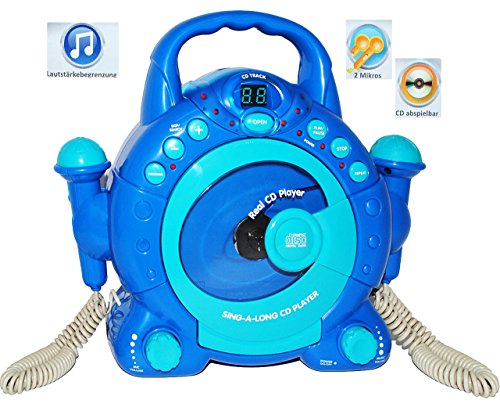 CD-Player mit 2 Mikrofonen / LED-Display blau - tragbar Mikrofon - Kopfhöreranschluß - Programmiertasten - Karaoke - Netzadapteranschluß für Kinder Mädchen und Jungen
