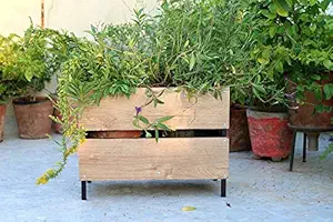 Metal Roots Unique Plant Stand Wooden Plank Metal Planter Pot Holder Rectangle Shape for Home & Garden Patio or Window