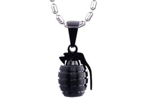 DONDON Collana con ciondolo a forma di bomba a mano di colore nero, in acciaio inox, consegnata in un sacchetto di velluto di colore nero.