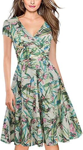 oxiuly Women's V-Neck Cap Sleeve Floral Stretchy Swing Dress Classic