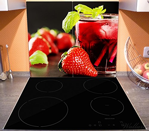Wallario Herdabdeckplatte / Spritzschutz aus Glas, 2-teilig, 60x52cm, für Ceran- und Induktionsherde, Erdbeer-Mojito – Frische Erdbeeren - 3