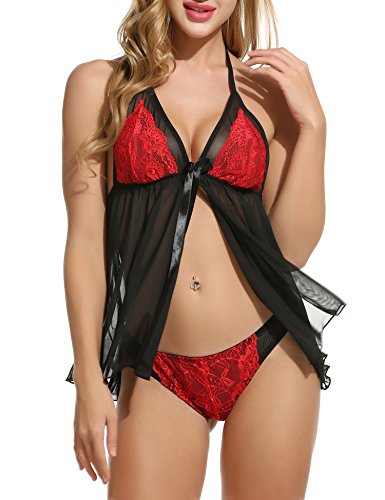 Avidlove Women Lingerie 2 Pieces Halter Sleepwear Lace Chemise See-through Babydol