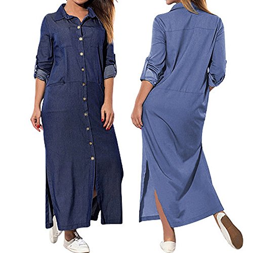 Womens Denim Dresses Blue V Neck Long Sleeve Maxi Split