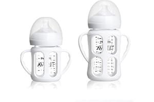 ROMIRUS 2 Pack Silicone Sleeves for Philips Avent Glass Natural Baby Bottles 4oz and 8oz, Anti Breakage Baby Bottle Holder with Handle, Feeding Bottle Handle (White)