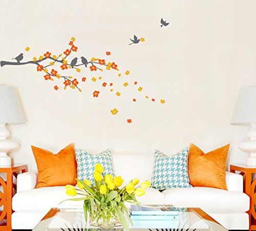 Bleacock Plum Blossoms and Birds Wall Decals for Living Room 49.2"x78.7" Beautiful Indoor Wall Decor Sticker Removable Vinyl DIY Wall stickers for Girl’s Bedroom (yellow+Orange+grey)
