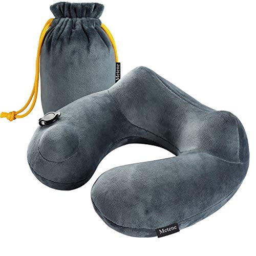 Metene Almohada de Viaje de Terciopelo Suave Inflable para el Cuello, Almohada de Apoyo para Aviones, Funda Lavable con Bolsa de Transporte portátil