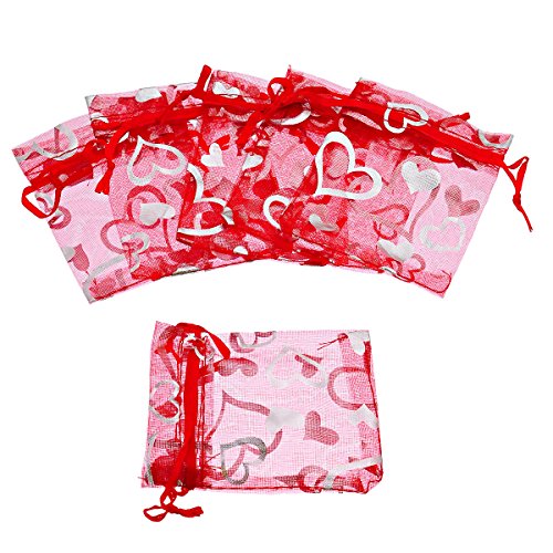 Housweety Organzasaeckchen Geschenkbeutel Beutelchen Hochzeit Beutel Samtbeutel Tasche Herz Rot+Silber, 7cm x9cm - 2