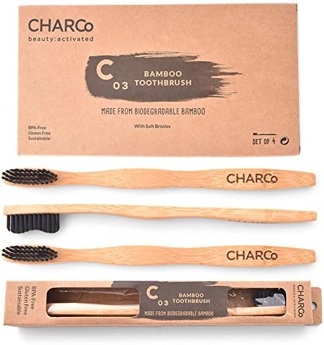 CHARCo Eco-Friendly Bamboo Toothbrush – Set of 4 Toothbrushes – Medium Soft – Value Pack – Brush Your Teeth The Environmentally Friendly Way – Gentle Effective Cleaning With Ergonomic Design