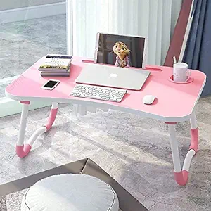 Smart ZON Foldable Wooden Laptop Bed Tray Table, Multifunction Lap Tablet Desk with Cup Holder, Perfect for Eating Breakfast, Reading Book, Working, Watching Movie On Bed (Pink)