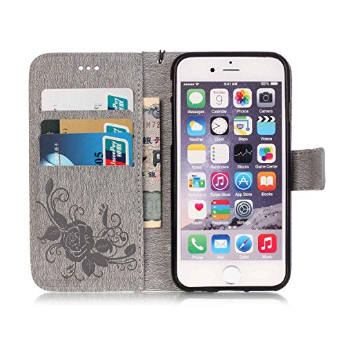 iPhone 6S / iPhone 6 Case Leather [with Free USB Charging Cable], ESSTORE-EU Elegant Butterfly Rose Patterned Embossing PU Leather Stand Function Protective Cases Covers with Card Slot Holder Wallet Book Design Fordable Strap Case for Apple iPhone 6S / iPhone 6 4.7 Inch, Grey