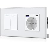 BSEED Switch and Plug, Wall Plugs with 20W USB and Type C, Quick Charge, Glass Panel, 3 in 1, Easy Installation, 2 Gang 1 Way