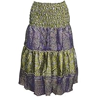 Mogul Interior Women's Casual Tube Dress 2 in 1 Ruched Waist Printed Sari Skirts S/M Green, Purple