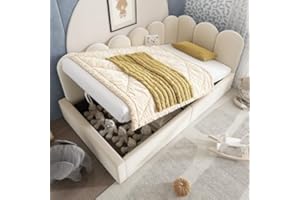 SogesHome 3FT Single Upholstered Daybed with Hydraulic Storage, Ottoman Sofa Bed, Velvet Beige Sofa Bed with Metal Slatted Frame, L-Shaped Space-Saving Design, 90x190cm