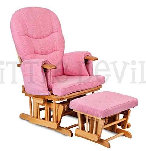 LUXURIOUS HUSH HUSH SOLID OAK WOOD GLIDER CHAIR WITH PALE PINK CUSHIONS - NURSING GLIDER / ROCKER / ROCKING / MATERNITY / FEEDING CHAIR (With Locking Mechanism & Free Matching Footstool)