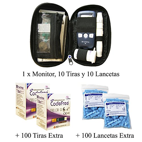 SD Codefree - Estuche que contiene Monitor de Glucosa, 10 Tiras y 10 Lancetas - Más 100 Tiras y 100 Lancetas Adicionales