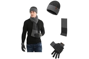 JYCY 3 Piece Men's Beanie Hat Scarf and Touch Screen Gloves Set Winter Thermal Elastic Thicken Warm Fleece Inner Lining Knit Beanie Cap Winter men's Accessories gifts for men