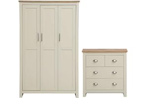 TAD TIMBER ART DESIGN UK Timber Art Design UK Lisbon 3 Door Wardrobe, Oak Top Cupboard with Hanging Shelf, Metal Handles and Bedside Table with 2+2 Drawers, Modern Furniture Storage Organizer For Bedroom, Living Room, Cream