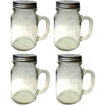Set of 4 Mason Glass Drinking Jars with Handles and Lids 20oz 1 pint