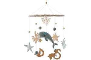 Herfair Meer Welt Mobile Baby Windspiele, 3D Delphine Mobile Baby Holz mit Filzbällen, Mobile Baby Mädchen Bettglocke Anhänger für Babybett Jungen und Mädchen (Blau)