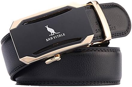 Belt for Men SAN VITALE Designer Casual Waist Strap Reversible Buckle with Automatic Ratchet Leather Stretch Belts for Men 35mm Famous Brand Accessories Wide 1 3/8" Gold Black Buckle Belt 130cm Size