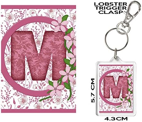 LETTER M KEYRING, Pretty Pink Flower Design Acrylic Keyring. ABC Initial Gift. Excellent affordable Birthday, Christmas, Mother's Day or other celebration Gift. Can Be Personalised. Matching Ceramic Mug and Acrylic Coaster Available