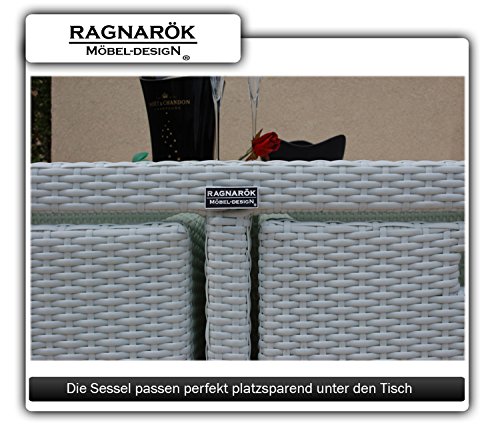Gartenmöbel PolyRattan Essgruppe Tisch mit 4 x Stuhl & 4 Hocker DEUTSCHE MARKE -- EIGNENE PRODUKTION Garten Möbel incl. Glas und Sitzkissen Ragnarök-Möbeldesign