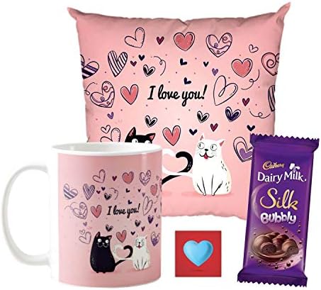 YaYa cafe Valentine Gifts Combo for Wife Girlfriend Mug, Cushion Cover, 1 Dairy Milk Silk Bubbly (50 gm) I Love You Cat Love, with Coaster