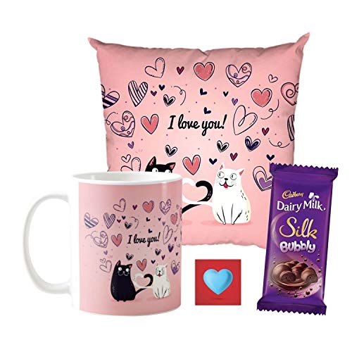YaYa cafe Valentine Gifts Combo for Wife Girlfriend Mug, Cushion Cover, 1 Dairy Milk Silk Bubbly (50 gm) I Love You Cat Love, with Coaster