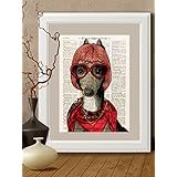 Kunstdrucke, Hund Weimaraner auf Antike Buchseite,#HU06