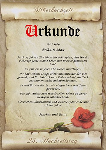 Silberhochzeit Urkunde persönliche Geschenk Karte zum 25. Hochzeitstag Pergament div. A4 Papier Motive - 2