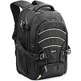 Evecase Universal Professional Nylon Backpack with Rain Cover for DSLR Cameras, DSLR Camera, and Laptop up to 15.6 inch – Black with Green line