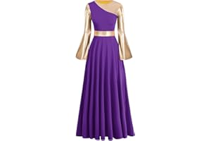 FYMNSI Women Liturgical Praise Dance Dress Gold Metallic Bell Long Sleeve Loose Fit Pleated Maxi Gown Full Length Swing Ballroom Dancewear Celebration of Spirit Church Worship Costume