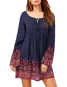 MissQee Damen Kleid Boho Bohemian Blumenmuster Casual Langarm Minikleid Strandabdeckung Aztec Azteken Tunika Shirtkleid