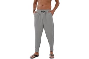 Yutdeng Pantalon Lino Hombre Pantalon Hombre Casual Cintura Elástica Pantalones Informales Anchos Pantalones de Lino para Hombre Playa Yoga Ligeros Pantalón Largos Verano Transpirable Cordón Bolsillos