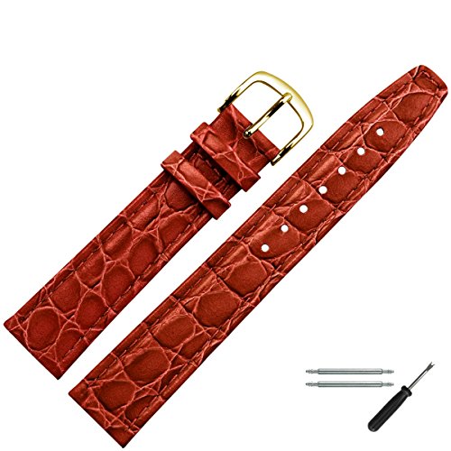 Uhrenarmband 16mm Leder rot-braun Prägung, Kroko, mit Naht - inkl. Federstege & Werkzeug - Lederarmband für Uhren mit gleichfarbiger Naht & Krokoprägung - Marburger seit 1945 - rot-braun / gold Uhrenarmband 16mm Leder rot-braun Prägung, Kroko, mit Naht - inkl. Federstege & Werkzeug - Lederarmband für Uhren mit gleichfarbiger Naht & Krokoprägung - Marburger seit 1945 - rot-braun / gold