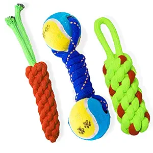 The Woof Company Combo of 3 Durable Pet Teeth Cleaning and Chewing Knotted Small and Medium Dog Toys (Color May Vary) (Tennis Ball Dumble Combo)