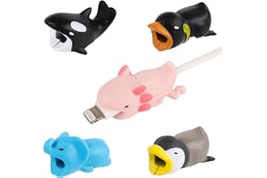 NQEUEPN 5pcs Cable Protector Animals Bite, Cute Charging Cable Savers Gray Penguin Emperor Penguin Elephant Whale Axolotl Charger Cord Savers for Most Cellphones and iPad Chargers