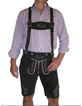 Original Wies´n Trachten Lederhose München , dunkelbraun mit weißem Stick , kurz aus 100% Rindsleder