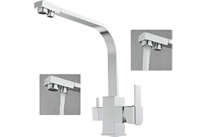 KEOKBON 3 Wege Küchenarmatur, 360°Drehbar Wasserhahn Küche, 3 in 1 Mischbatterie für Wasserfilter, Trinkwasserhahn mit 3 Schlauches (G3/8: 2x50cm,G1/2: 1x25cm), Elegantes Quadratisches Design, Chrom